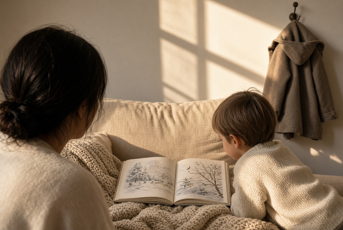 Evening in-home care, reading together on the sofa